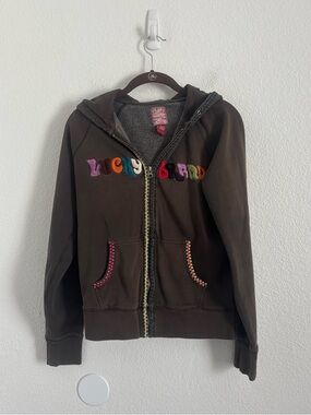 Lucky Brand Women's Size Medium Brown Y2K Full Zip Hoodie w/Colorful Embroidery